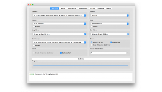 Figure 2. GUI interface for the developed White Rabbit Timing System Tools. This is the default view when the GUI is opened, showing the Calibration tab used to calibrate a WR Link. Visible is also the main tab bar at the top and the logging window at the bottom. Image credit: Heike Prokoph. Figure 2. GUI interface for the developed White Rabbit Timing System Tools. This is the default view when the GUI is opened, showing the Calibration tab used to calibrate a WR Link. Visible is also the main tab bar at the top and the logging window at the bottom. Image credit: Heike Prokoph.