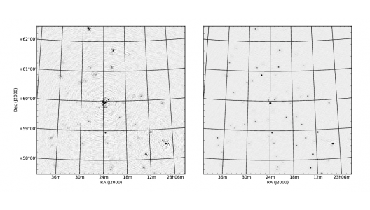 A radio signal (simulation) without ionospheric correction on the left, and with ionospheric correction on the right. Image credit: Sebastiaan van der Tol (ASTRON).